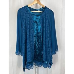 LOGO Lavish Lori Goldstein Crushed Velvet and Lace 3/4 Sleeve Top Blue 1X Plus